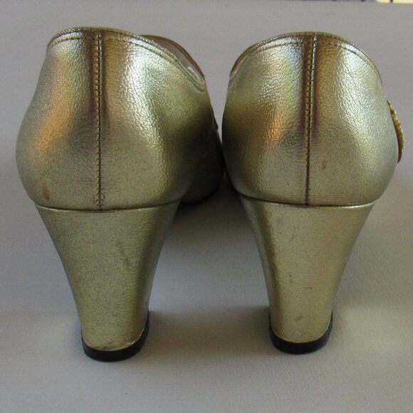 Vintage Town & Country Mary Janes Women's Metallic Leather Gold Pumps Shoes - Picture 3 of 12
